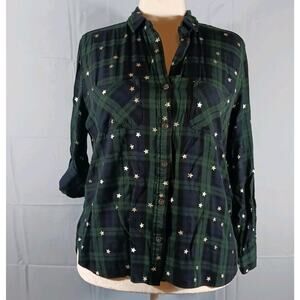 Rock & Republic Shirt Women L Stars Blue Green Plaid Long Sleeve Button Up Rayon